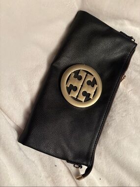 Tory Burch Black Leather Zip Pouch with Gold Emblem